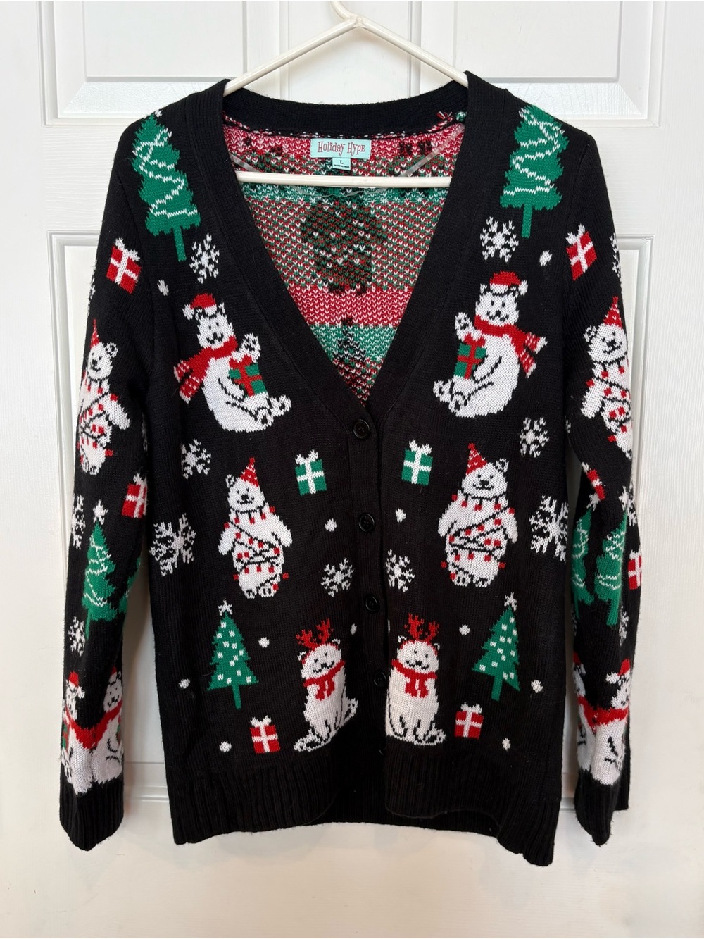 Women’s Holiday Christmas Sweater Cardigan Black Large Polar Bears Snowflakes